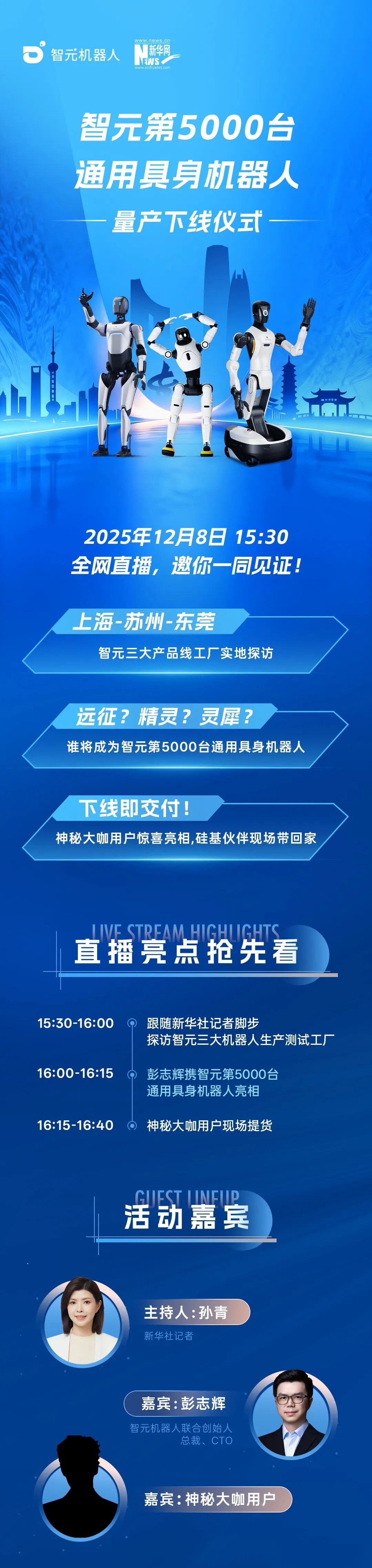 12月8日,智元第5000台通用具身机器人量产下线仪式定档